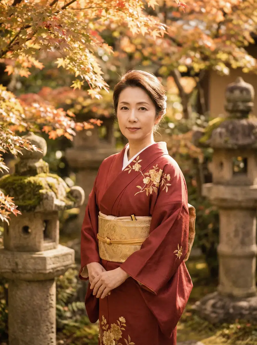 一位身穿暗红色和服的优雅 野蛮秘笈演员表 在日式庭院中
